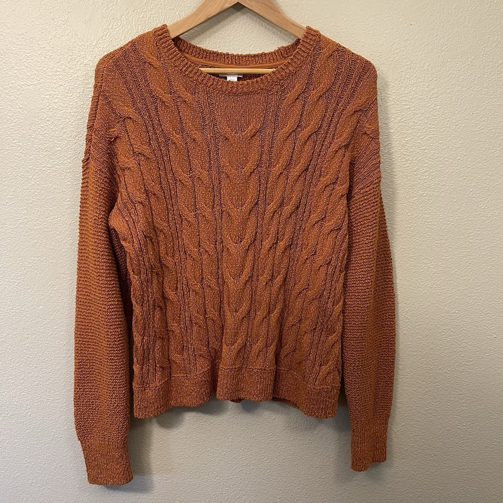 J Jill‎ Cable Knit Cotton Blend Sweater Fisherman Orange Rust Size M